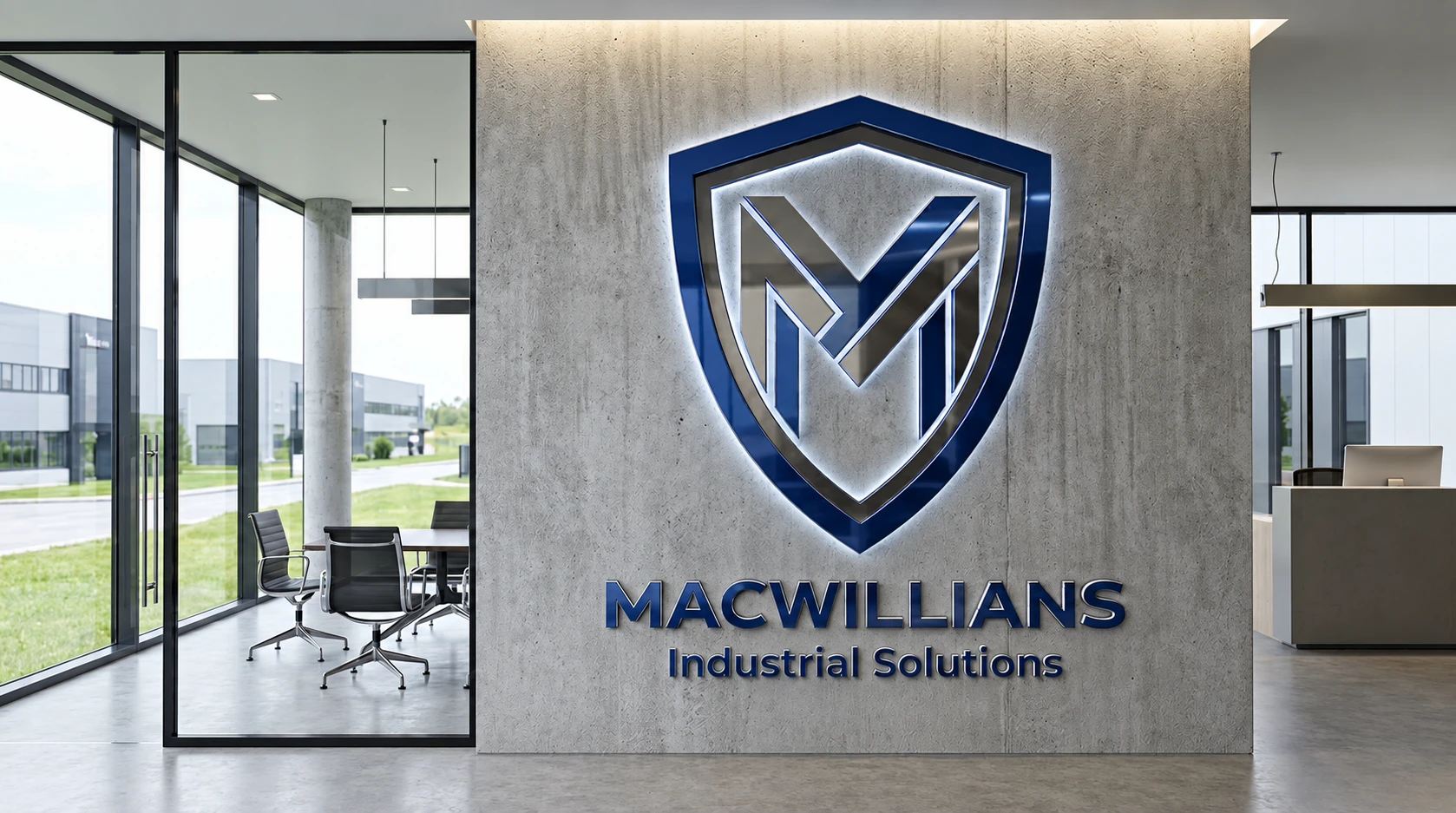 Recepção com o escudo MacWillians e a assinatura Industrial Solutions em uma parede de pedra